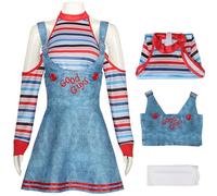 Kolegrial Chucky Costume Donna Cosplay Horror Puppen Chucky Stampa Set Gonna a Bretelle e Top Calzini per Carnevale Halloween Festa Mascherata Fancy Gioco di Ruolo Costume