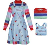 Kolegrial Chucky Costume Donna Cosplay Horror Puppen Chucky Stampa Set Righe Top e Gonna a Bretelle per Carnevale Halloween Festa Mascherata Fancy Gioco di Ruolo Costume