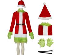 Kolegrial Donna ChristmasGrinch Costume Cosplay Grinch Babbo Natale Set Vestito con Guanti Cintura e Cappello da Babbo Natale per Natale Carnevale Halloween Festa Mascherata Abito da Ballo