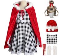 Kolegrial Donna Cindy Costume Cosplay Christmas Cindy Lou Who Mantello con Cappuccio Vestito Guanti Calze e Parrucca per Natale Carnevale Halloween Festa Mascherata Abito da Ballo