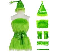 Kolegrial Donna Grinch Costume Cosplay ChristmasGrinch Sexy Peloso Vestito con Cappello Guanti Cintura per Natale Carnevale Halloween Festa Mascherata Abito da Ballo, Verde