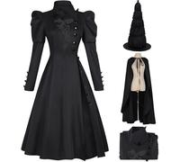 Kolegrial Elphaba Costume Donna Cosplay Wicked Strega Elphaba Gotico Vintage Nero Lungo Vestito con Mantello e Cappello per Fancy Dress Up Carnevale Halloween Festa Mascherata Abito da Ballo