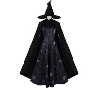 Kolegrial Elphaba Costume Donna Cosplay Wicked Strega Elphaba Gotico Vintage Nero Lungo Vestito con Mantello Cappello per Fancy Dress Up Carnevale Halloween Festa Mascherata Abito da Ballo