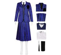 Kolegrial Enid Sinclair Costume Donna Cosplay Nevermore Academy Strisce Uniforme Scolastica Set Giacca Gilet Camicia Gonna Cravatta Calze per Carnevale Halloween Festa Compleanno Mascherata Costume