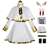 Kolegrial Frieren Costume con Orecchie da Elfo Donna Cosplay Anime Elfo Uniforme Set Vestito Scialle Orecchini Sciarpa Cintura Collant e Parrucca per Carnevale Halloween Festa Mascherata Fancy Costume