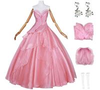 Kolegrial Glinda Costume Donna Cosplay Wicked Fata Glinda Rosa Lungo Fiore Vestito da Sera Set Top Gonna con Orecchini per Natale Carnevale Halloween Festa Compleanno Mascherata Abito da Ballo
