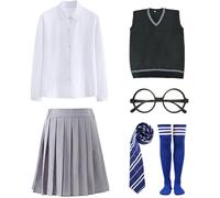 Kolegrial Mago Costume Donna Cosplay Scuola Magica Uniforme Scolastica Set Gilet e Camicetta Gonna con Occhiali Cravatta Calze per Carnevale Halloween Festa Mascherata Costume, Blu/Verde/Rosso/Giallo