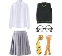 Kolegrial Mago Costume Donna Cosplay Scuola Magica Uniforme Scolastica Set Gilet e Camicetta Gonna con Occhiali Cravatta Calze per Carnevale Halloween Festa Mascherata Costume, Blu/Verde/Rosso/Giallo