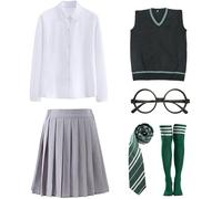 Kolegrial Mago Costume Donna Cosplay Scuola Magica Uniforme Scolastica Set Gilet e Camicetta Gonna con Occhiali Cravatta Calze per Carnevale Halloween Festa Mascherata Costume, Blu/Verde/Rosso/Giallo