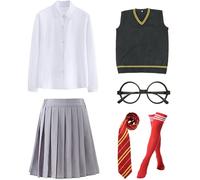 Kolegrial Mago Costume Donna Cosplay Scuola Magica Uniforme Scolastica Set Gilet e Camicetta Gonna con Occhiali Cravatta Calze per Carnevale Halloween Festa Mascherata Costume, Blu/Verde/Rosso/Giallo