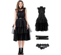 Kolegrial mercoledì Costume Donna Cosplay Nero Gotico Vampiro Strega Sposo Fantasma Lungo Vestito da Sera e Cintura per Carnevale Halloween Festa Mascherata Fancy Abito da Ballo