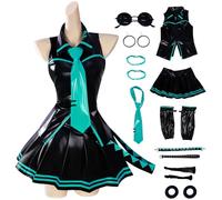 Kolegrial Miku Costume Donna Cosplay Virtuale Idolo H'atsune M'iku Completo Nero PU JK Uniforme Set con Occhiali e Accessori per Carnevale Halloween Festa Mascherata Fancy Anime Costume