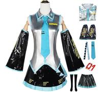 Kolegrial Miku Costume Donna Cosplay Virtuale Idolo H'atsune M'iku PU JK Uniforme Set Top Gonna Maniche Cravatta Cintura Calze Adesivi e Accessori per Carnevale Halloween Festa Mascherata Costume