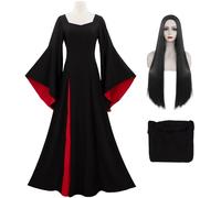 Kolegrial Morticia Costume Donna Cosplay Season 2 Mercoledì Madre Morticia Gotico Vintage Lungo Vestito da Sera e Parrucca per Carnevale Halloween Festa Mascherata Abito da Ballo, Nero