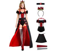 Kolegrial Regina di Cuori Costume Donna Cosplay Sexy Poker Stampa Vestito da Sera Set Tuta con Grembiule Copricapo Collana e Calzini per Carnevale Halloween Festa Mascherata Abito da Ballo, Rosso