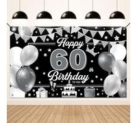 Koliphy 60° compleanno decorazione 60° Happy Birthday striscione per uomo donna argento nero tessuto 60 striscioni di compleanno sfondo festa decorazione per interni ed esterni