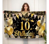 Koliphy Striscione per 10° Compleanno, Happy 10th Birthday Striscione Backdrop Decorazioni per Feste Tenuto in Mano Sfondo Extra Large Cartello Poster per Ragazzi e Ragazze (Nero Oro)