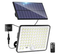 kolpop 1 Pezzi Faretto LED da Esterno Solare Sensore, 3Modes, Telecomando, 82 LED, Impermeabile IP65 Faretti Solari a Led da Esterno Luci Solari Garage Giardino, Cavo da 5M, Bianco Freddo