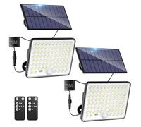 kolpop 2 Pezzi Faretto LED da Esterno Solare Sensore, 3Modes, Telecomando, 82 LED, Impermeabile IP65 Faretti Solari a Led da Esterno Luci Solari Garage Giardino, Cavo da 5M, Bianco Freddo