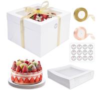 KOMABLEN Scatola per Torta 30,5x30,5x20,3cm, 10 Pezzi Bianche Scatole per Dolci in Cartone, Scatole per Torte con Finestra Vassoi, Porta Torta Cartone con Adesivi e Nastro per L'imballaggio Dessert