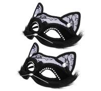 KOMBIUDA 2 Pezzi Maschera Gatto in Pizzo Nero, Volto Raffinato per Feste | Design Leggero Fascia Elastica, Finitura con Pietre e Piume, Stile Lussuoso per Club e Balli