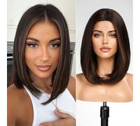 KOME Parrucca da donna con capelli corti, colore castano scuro, capelli lisci e lunghi sulle spalle, parrucca sintetica resistente al calore, per uso quotidiano.