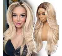 KOME Parrucca sintetica bionda sfumata con pizzo frontale, 33 x 10 cm, parrucca a strati ondulata senza colla, per uso quotidiano, 66 cm