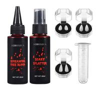 KOMEIYL 5pcs Set Trucco Halloween Sangue Finto, Trucco Sangue e Cicatrici, Halloween Special Effects Makeup Set, Spray Sangue Finto + Gocce Sangue + 3 Denti Vampiro per Gioco ruolo