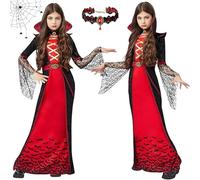 KOMEIYL Vestito Vampira Bambina Halloween, Rosso Nero Vestito Vampira Bambina con Collana, Vampiro Cosplay Costume Dress up, Applica a Festa Tema, Ritrovo Tra Amici o Festa Maschera ((L(130-145 CM))