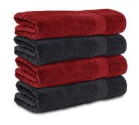 Komfortec Set di 4 Asciugamani da Bagno 70x140 cm - 100% Cotone - Morbidi e Assorbenti - Grande Taglia - Nero/Rosso