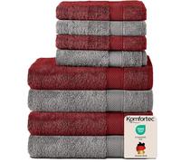 Komfortec Set di 8 asciugamani in 100% cotone, 4 teli da bagno 70 x 140 e 4 asciugamani da 50 x 100 cm, in spugna, morbido, asciugamano grande, grigio antracite e rosso auroraro