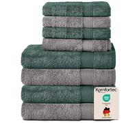 Komfortec Set di 8 asciugamani 100% cotone, 4 asciugamani da bagno 70 x 140 cm e 4 asciugamani da 50 x 100 cm, panno in spugna, morbido, grande, grigio antracite/verde scuro