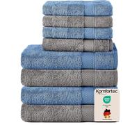 Komfortec Set di 8 asciugamani in 100% cotone, 4 teli da bagno 70 x 140 e 4 asciugamani da 50 x 100 cm, in spugna, morbido, Towel, grande, antracite/azzurro