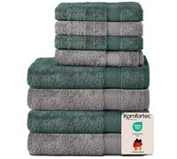 Komfortec Set di 8 Asciugamani Bagno e Viso/Ospite, Spugna 100% Cotone | 4 Asciugamani Bagno 70x140 cm e 4 Viso/Ospite 50x100 cm, Morbidi e Assorbenti, OEKO-TEX, Antracite / Verde Scuro