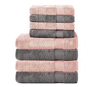 Komfortec Set di 8 asciugamani in 100% cotone, 4 teli da bagno 70 x 140 cm e 4 asciugamani da 50 x 100 cm, spugna, morbido, towel, grande, grigio antracite/rosa floreale
