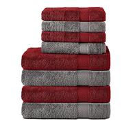 Komfortec Set di 8 asciugamani in 100% cotone, 4 teli da bagno 70 x 140 e 4 asciugamani da 50 x 100 cm, in spugna, morbido, asciugamano grande, grigio antracite e rosso auroraro