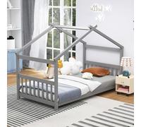 KOMFOTT Letto matrimoniale in legno per bambini, struttura a basso profilo, con tetto, testiera e poggiapiedi, letto a tenda per bambini, ragazzi e ragazze, letto Montessori in legno, non è necessario