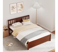 KOMFOTT Struttura letto a piattaforma in legno pieno con testiera, letto a piattaforma in legno massello con supporto a doghe e contenitore sotto il letto, base per materasso Mid-Century, senza