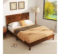KOMFOTT Struttura letto matrimoniale in legno con testiera, letto a piattaforma in legno di metà secolo con supporto a doghe e contenitore sotto il letto, base per materasso, senza bisogno di molle