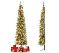 KOMFOTTEU Albero di Natale Artificiale 210 cm in Metà, Albero di Natale Mezzo con Luci LED e Supporto in Metallo Pieghevole, Christmas Tree in PVC, per Casa, Negozio, Feste (Con Aghi di Pino)