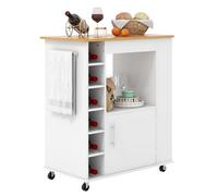 KOMFOTTEU Carrello da Cucina in Legno, Carrello di Servizio con 3 Organizzatori, Impugnatura e 6 Scomparti per vino, Isola da Cucina su Ruote con Piano in Bambù, per Sala da Pranzo, Bar (Bianco)