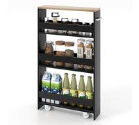 KOMFOTTEU Carrello Portaoggetti a 4 Ripiani, Carrello da Bagno e Cucina con Ruote Rirevoli a 360°, Carrellino Scorrevole con Maniglia, Slim e Sottile, Salvaspazio per Lavanderia (Nero e Naturale)