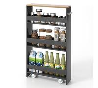 KOMFOTTEU Carrello Portaoggetti a 4 Ripiani, Carrello da Bagno e Cucina con Ruote Rirevoli a 360°, Carrellino Scorrevole con Maniglia, Slim e Sottile, Salvaspazio per Lavanderia (Grigio e Naturale)