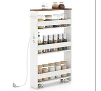 KOMFOTTEU Carrello Portaoggetti a 4 Ripiani con Ruote Rirevoli a 360°, Carrellino Scorrevole con Maniglia Slim, da Bagno, Cucina, Lavanderia, 47,5 x 13 x 80,5 cm (Bianco e Marrone, Con Presa)