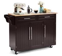 KOMFOTTEU Carrello Portaoggetti con Ruote con 2 Freni, Isola Cucina in Rovere Massiccio, Mobiletto da Pranzo con Portaspezie e Portasciugamani, per Soggiorno, 111,5 x 46 x 93 cm, In 2 Pacchi (Marrone)