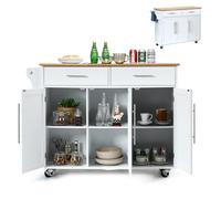 KOMFOTTEU Carrello Portaoggetti con Ruote con 2 Freni, Isola Cucina in Rovere Massiccio, Mobiletto da Pranzo con Portaspezie e Portasciugamani, per Soggiorno, 111,5 x 46 x 93 cm, In 2 Pacchi (Bianco)