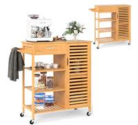 KOMFOTTEU Carrello Portavivande in Bambù, Isola con Ruote Bloccabili, Cassetto, 3 Ripiani Aperti, Armadietto a Porta, Portasciugamani, Carrello Cucina per Sala da Pranzo, Bar, Naturale