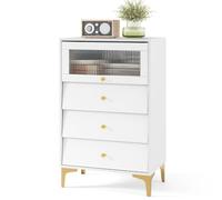 KOMFOTTEU Cassettiera Bianca in Legno, Comò Camera da Letto Moderno con Porta in Vetro e Gambe in Metallo, Mobiletto Cucina con Cassetti Scorrevoli, per Studio, Ingresso, Bianco (Con 3 Cassetti)