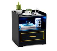 KOMFOTTEU Comodino Camera da Letto con Porte USB e TYPE-C, LED Regolabile, Scomparto e Cassetto, Comodino Piccolo in Legno, Comodino Cameretta Moderno per Soggiorno, 45 x 40 x 50 cm (Nero x 1)