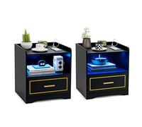 KOMFOTTEU Comodino per camera da letto con porte USB e Type-C, LED regolabile, tavolino ausiliario con ripiano aperto e cassetto, comodino laterale in legno, per soggiorno, 45 x 40 x 50 cm (nero x 2)